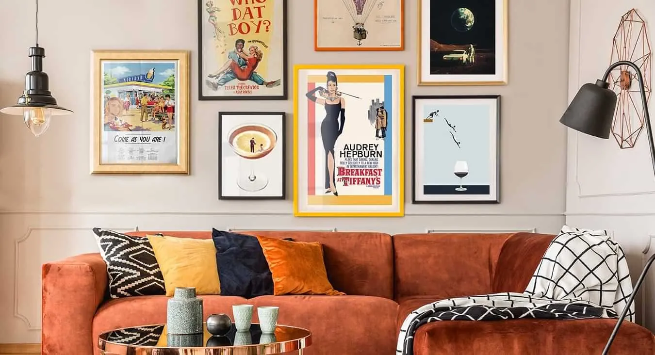 Vintage poster frames wall hanging in living room