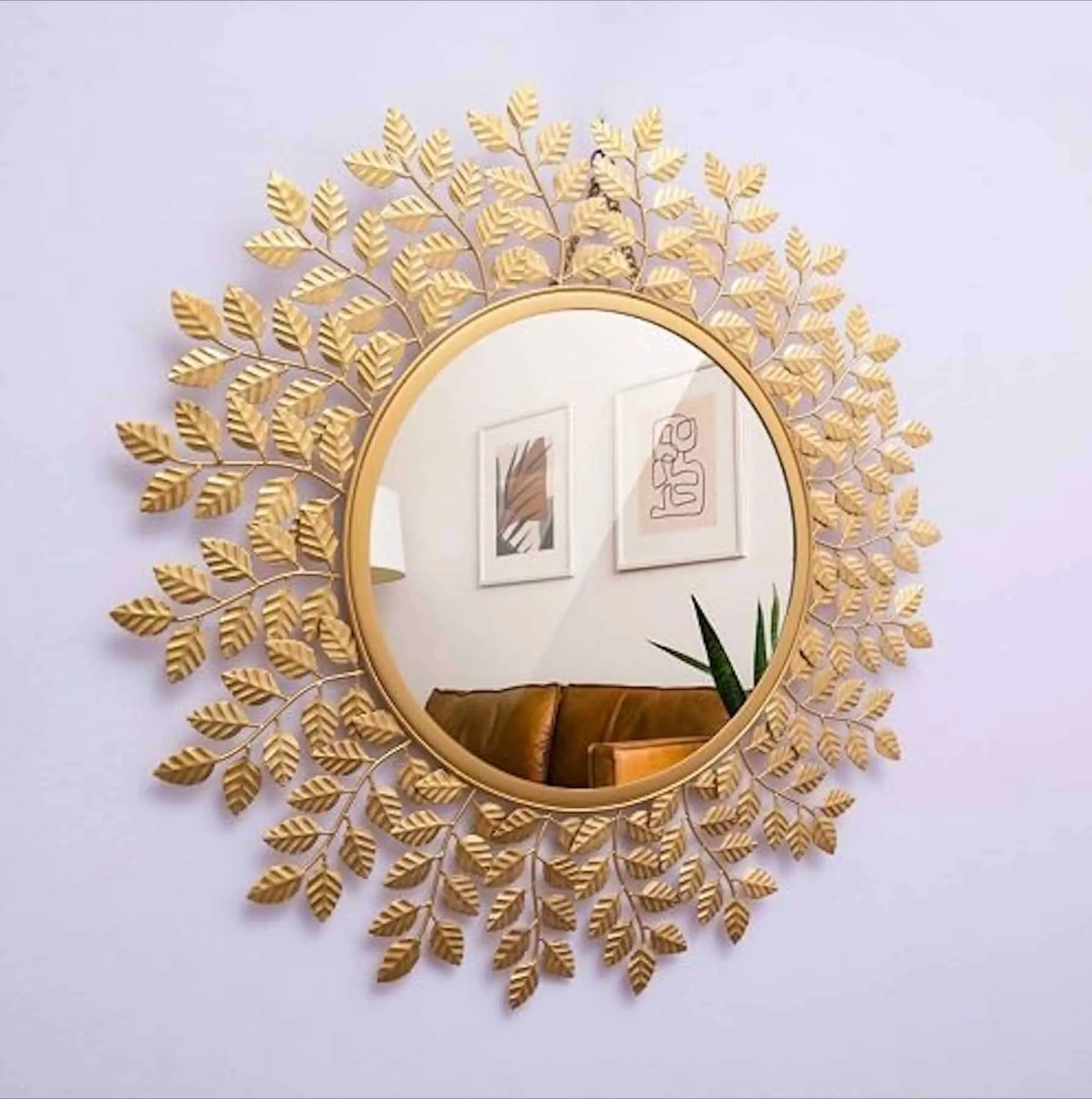 Wall round mirror hanging decor with golden leaves frame