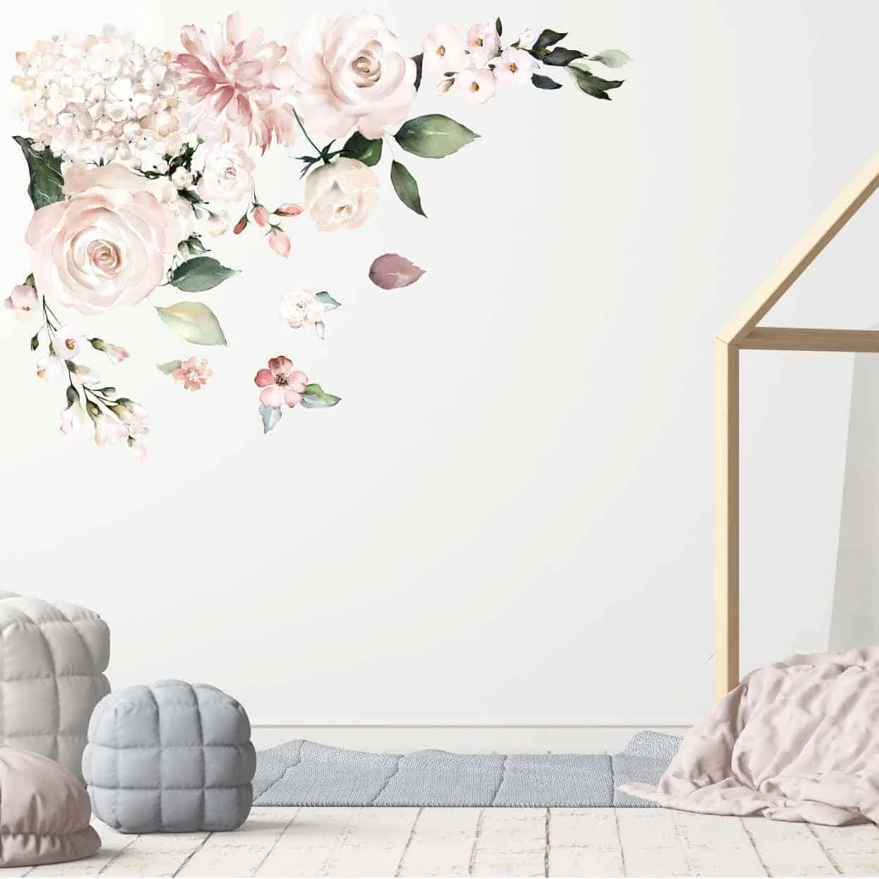 pink wall sticker with grey rug and golden structure