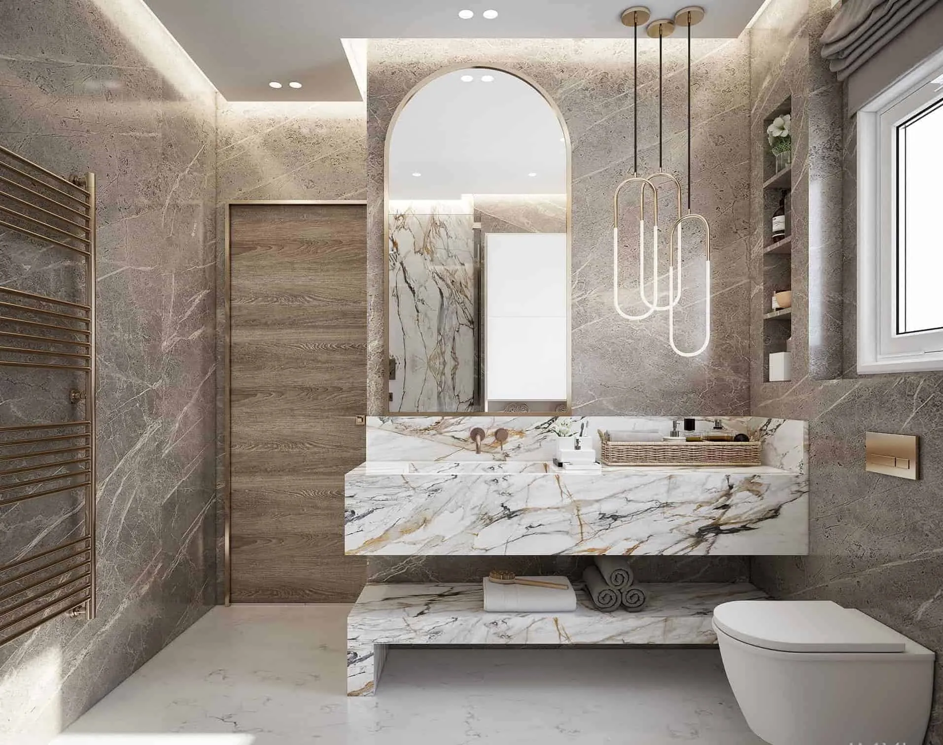 light brown bathroom walls with a mirror and bath tub