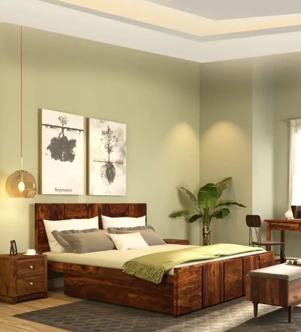 brown frame bedroom furniture, double size bed design at affordable prices, light green wals, side tables, plant, lights