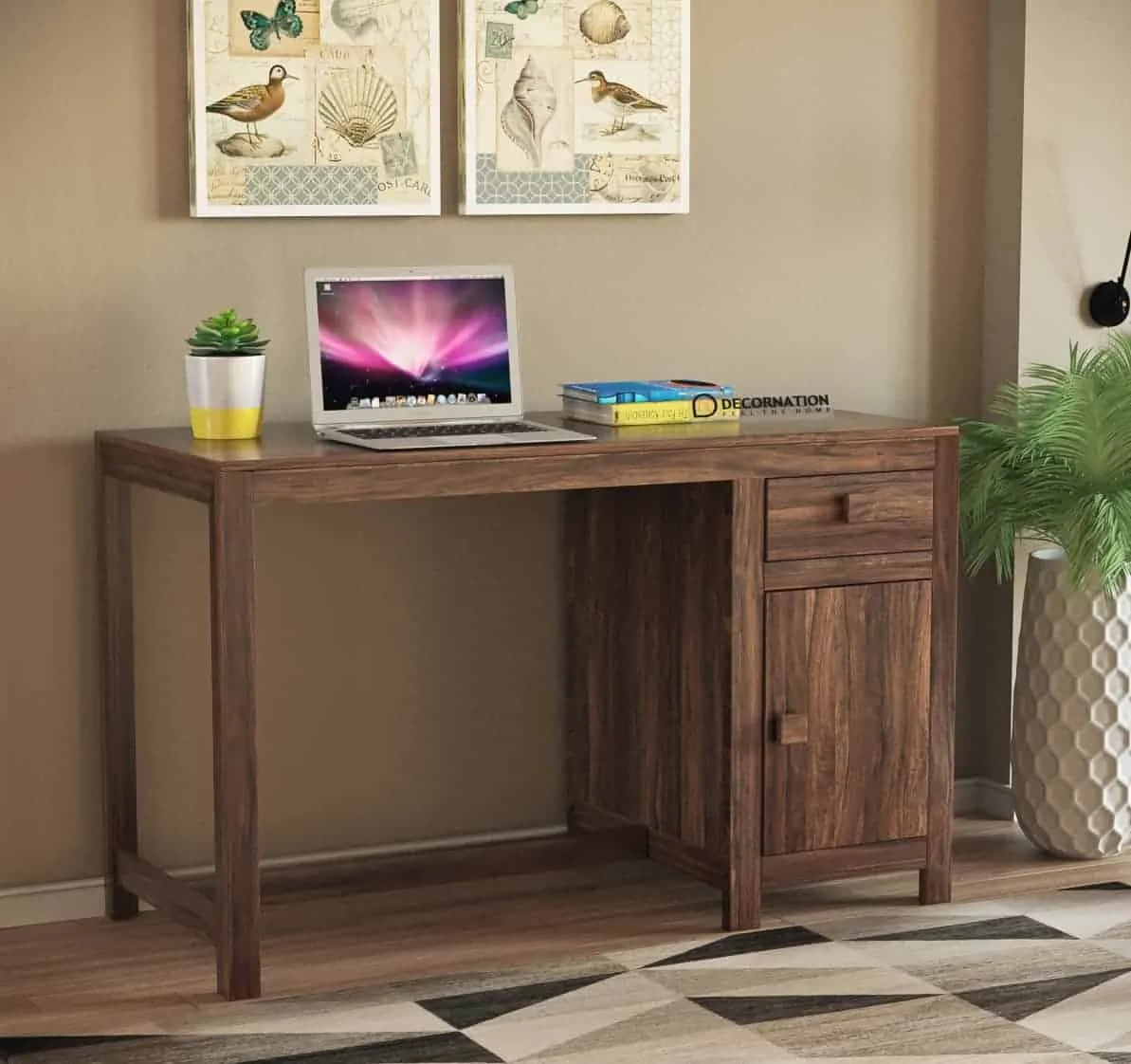 laptop, wooden computer desk top table design, indoor plants, room, brown colour