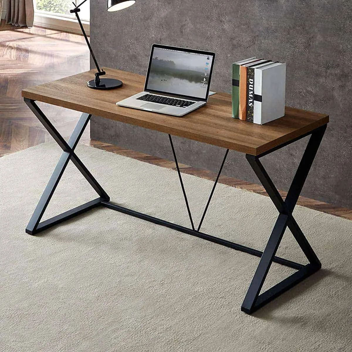 wood top and metal frame furniture, laptop