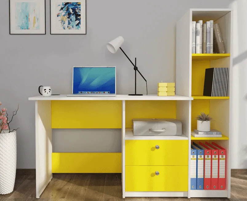 yellow and white furniture, laptop, light, room