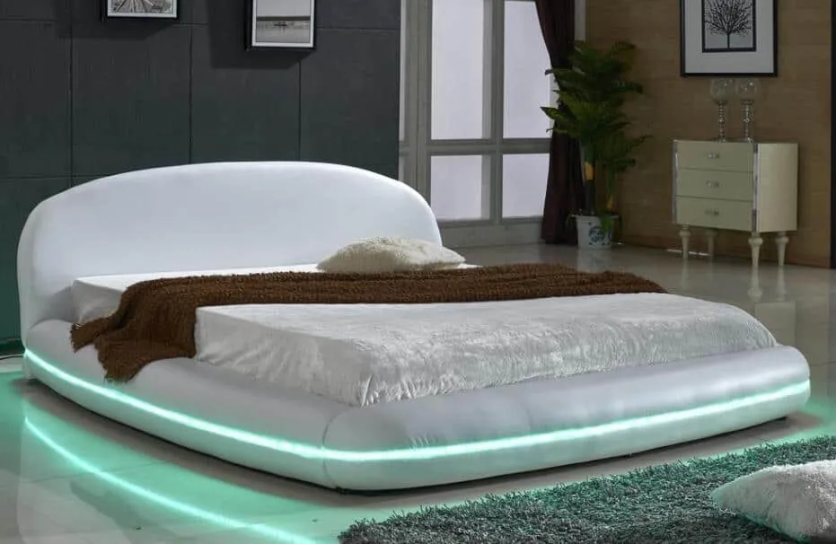 double bed on the floor, white colour, bluish green light, plant, rug