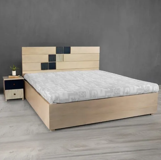 double size bed design at affordable price, light wood and black design frame, side table, grey walls