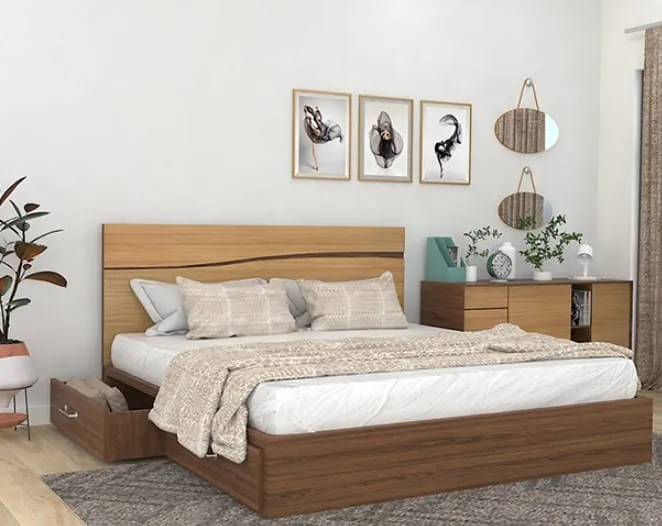 wooden frame bedroom furniture, pillows, side table