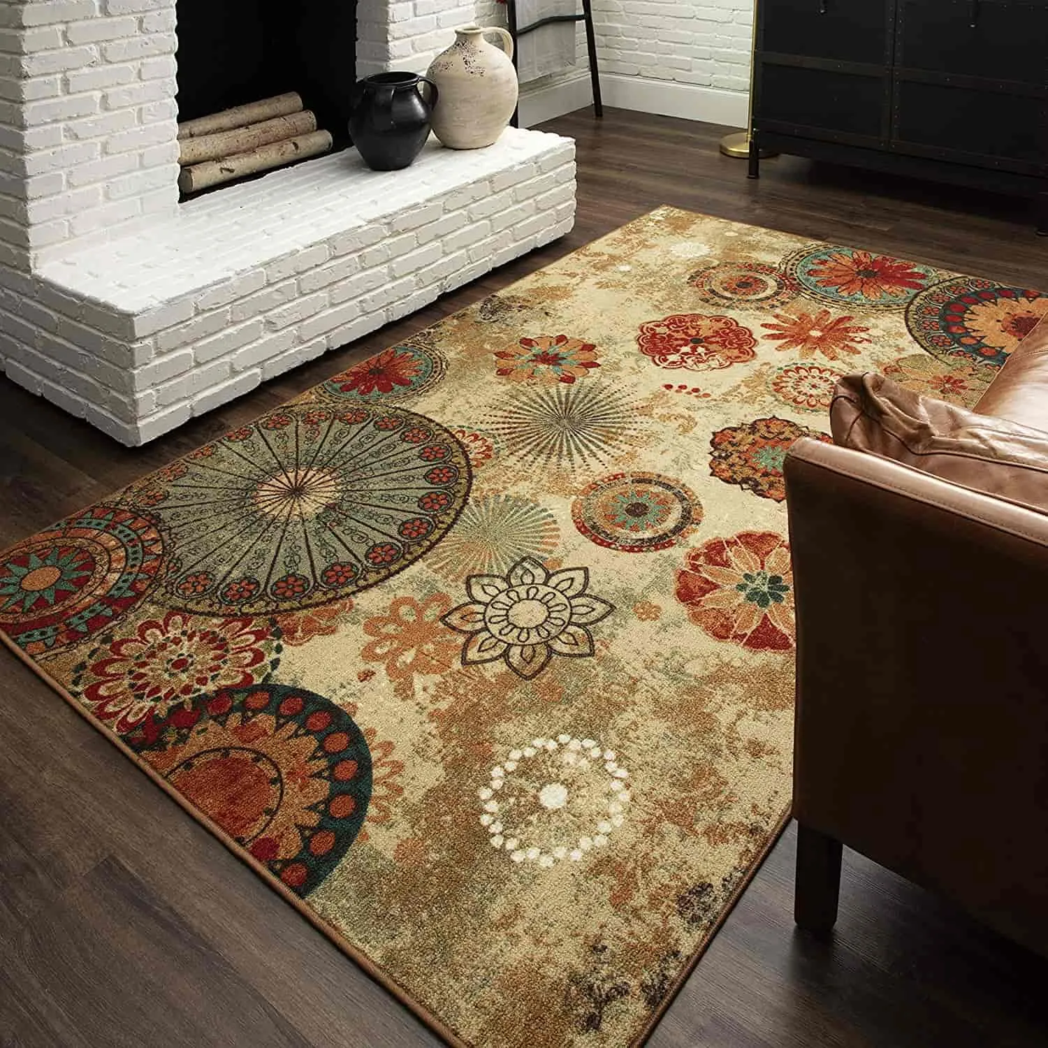 jaipur style multi colored rug in red and golden hues