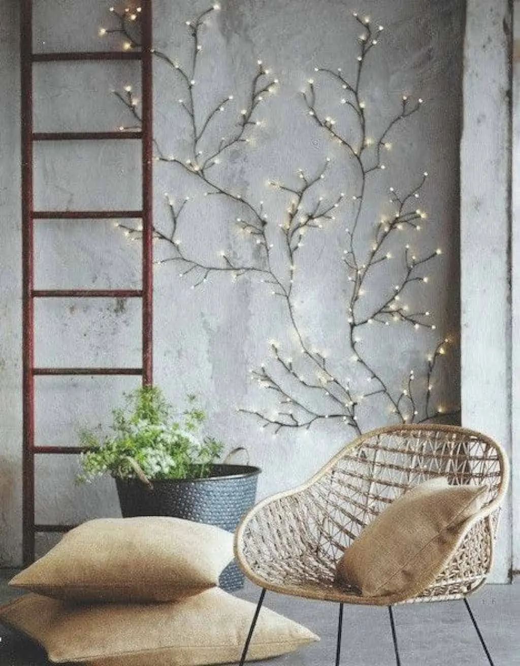 lights wall décor with rusty wall, rattan chair and a yellow pillow