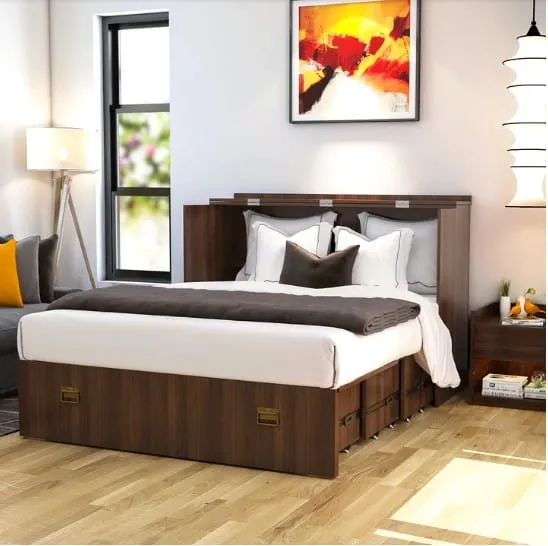 bedroom furniture at reasonable prices, brown frame, white pillows and mattress