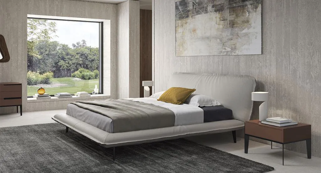double bed design at affordable price, mattress and pillow, large window, grey floor, bedroom