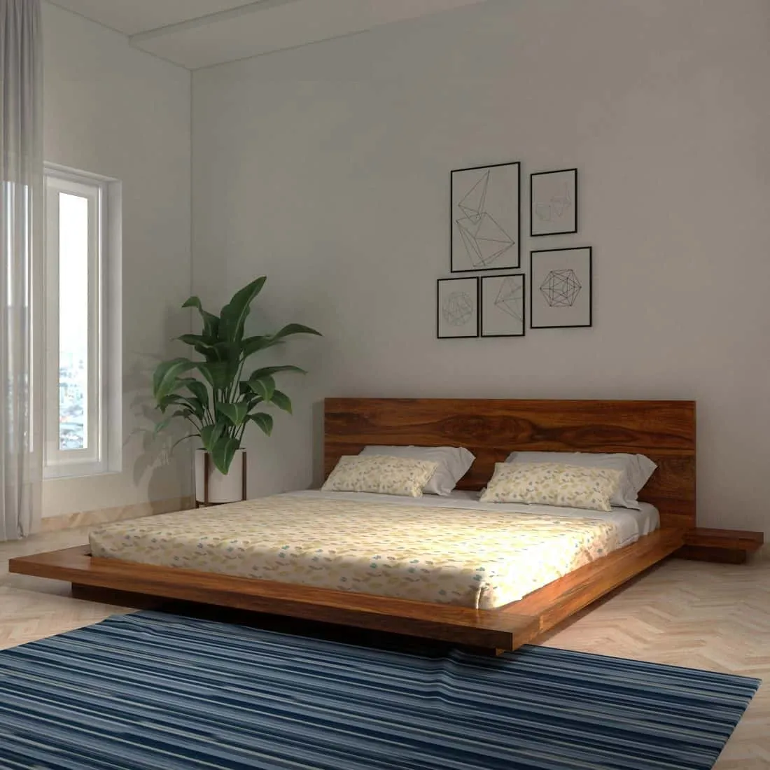 wooden frame platform double size bed design photo at affordable price, indoor green plant, white walls, pillows and mattress, blue rug