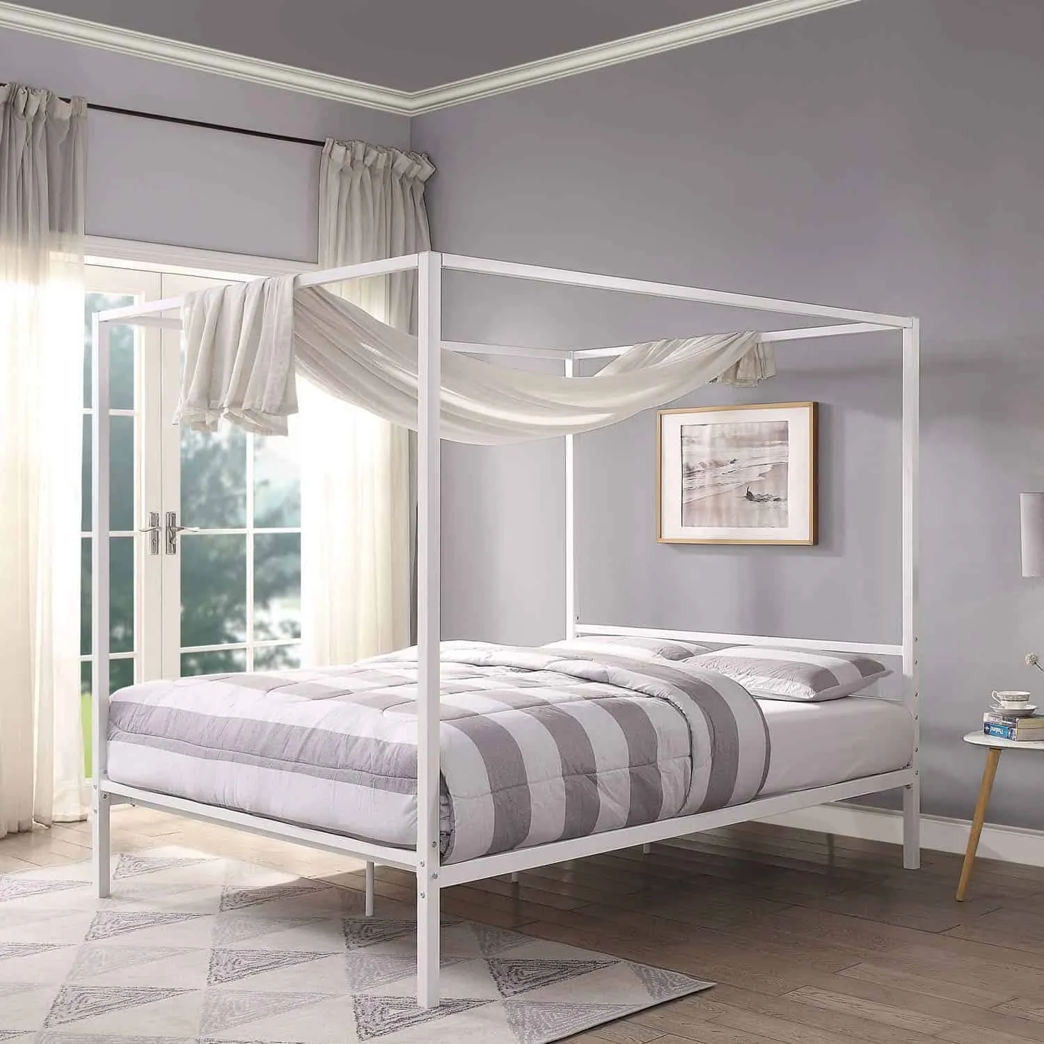 white four poster couble size bed design, pillows, bedsheet, large window with white curtains