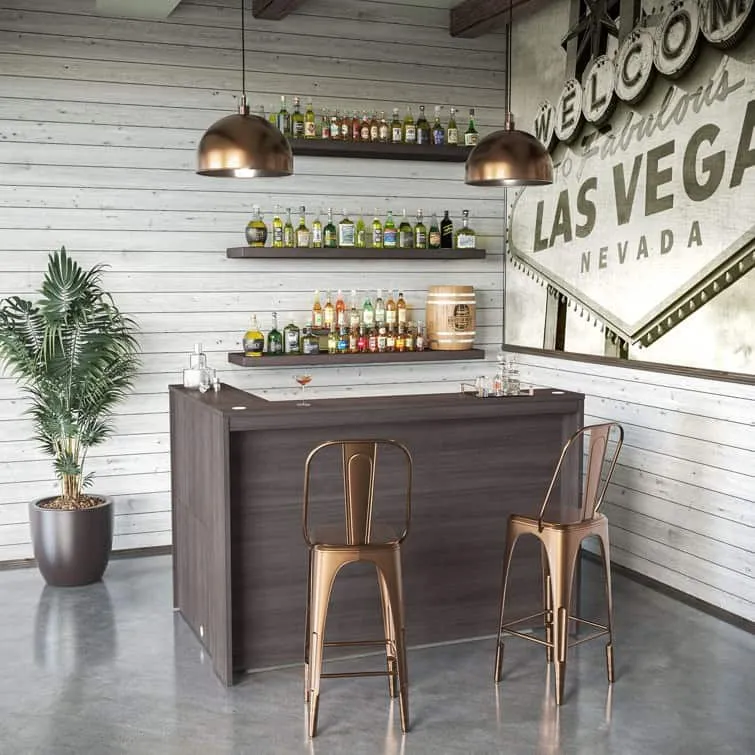 small in home bar with dark brown wooden table