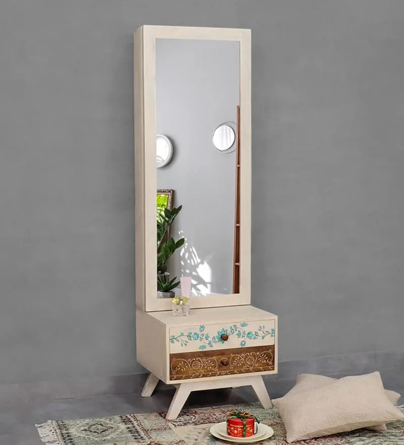 An exquisite, hand-painted, wooden, white-colored dressing table design with a rectangular dressing table and minimum storage space, in a gray room.