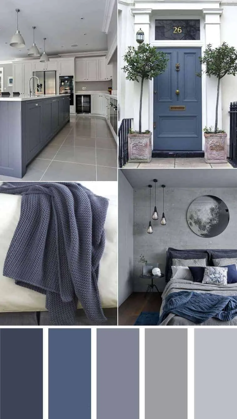 Home colours with blue and grey colour combination, a kitchen with blue furniture and grey flooring,a bedroom with light grey walls and a blue bed