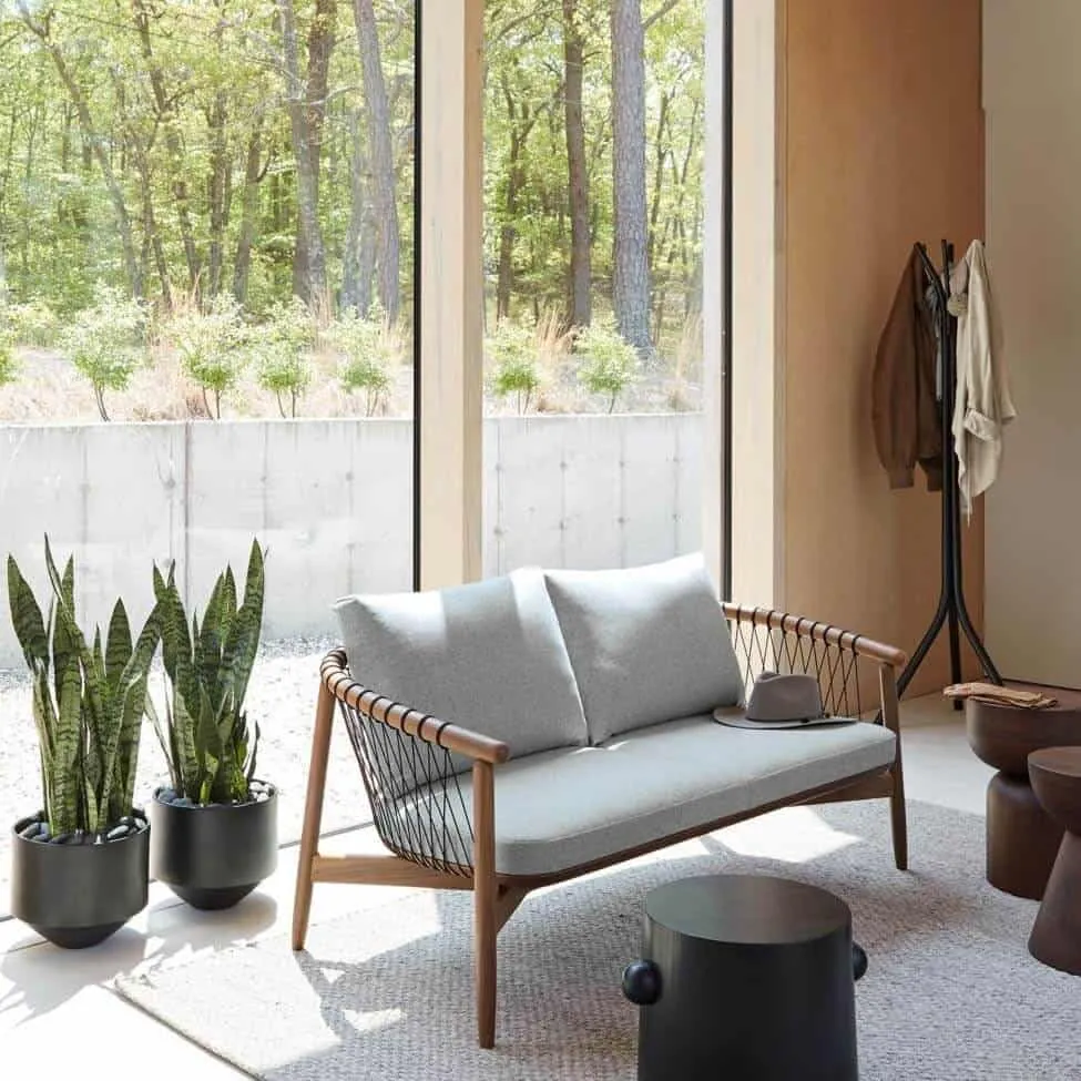 grey seating with wooden frame an indoor plant and a rug