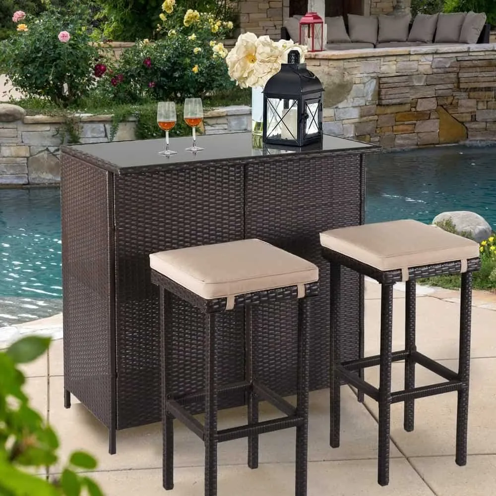 outdoor bar stools & console table