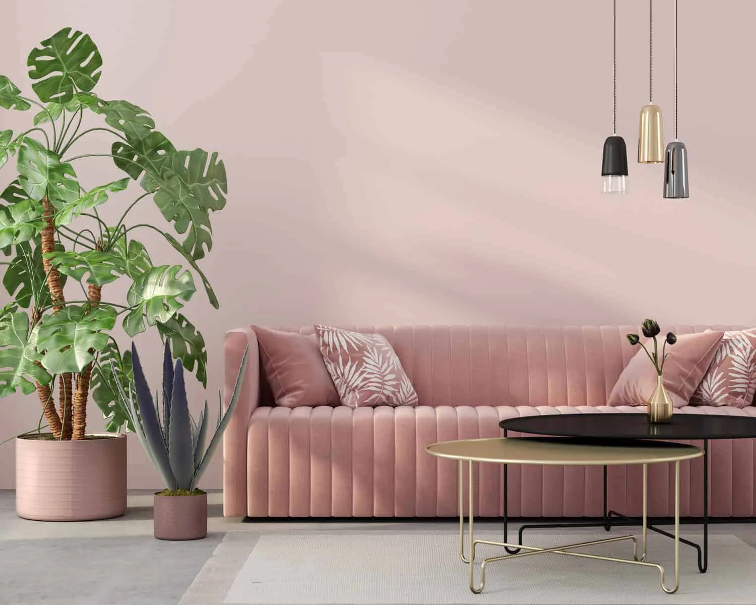 Pastel pink colour walls with pastel pink sofa for this home