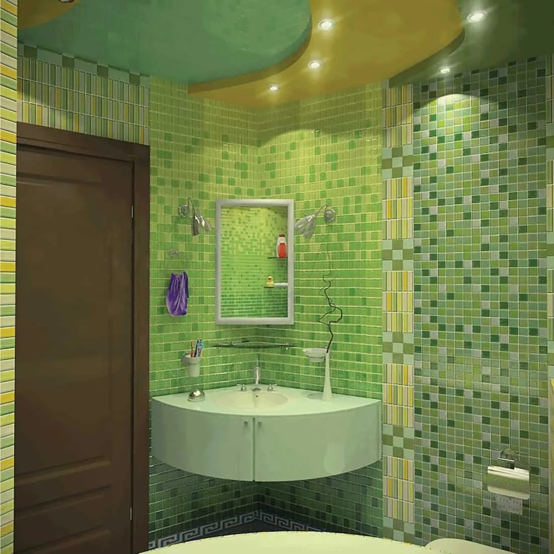 green small bathroom with recessed lights
