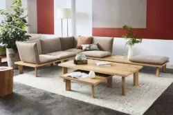minimalist theme living room with brown coloured wooden sofa set with pillow-like cushions inspired by Japanese zaisu on a modular platform of natural wood