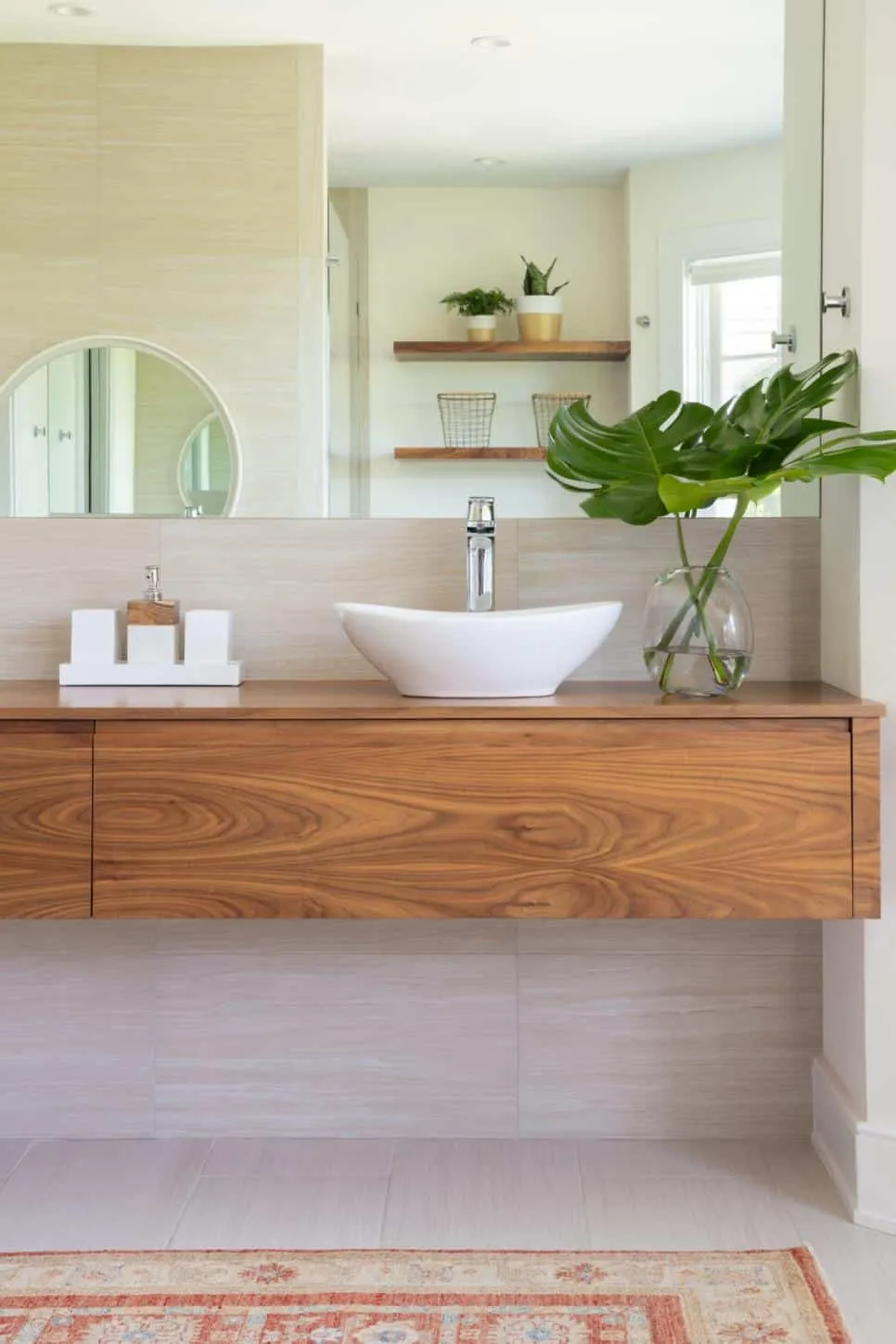Wall mounted wooden vanity with ceramic bowl sink