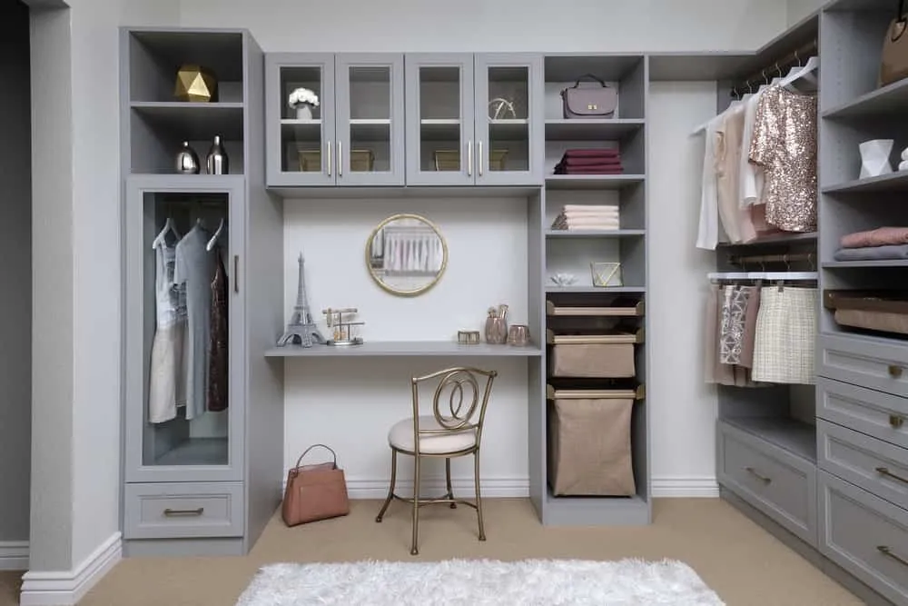 grey wardrobe with vanity table