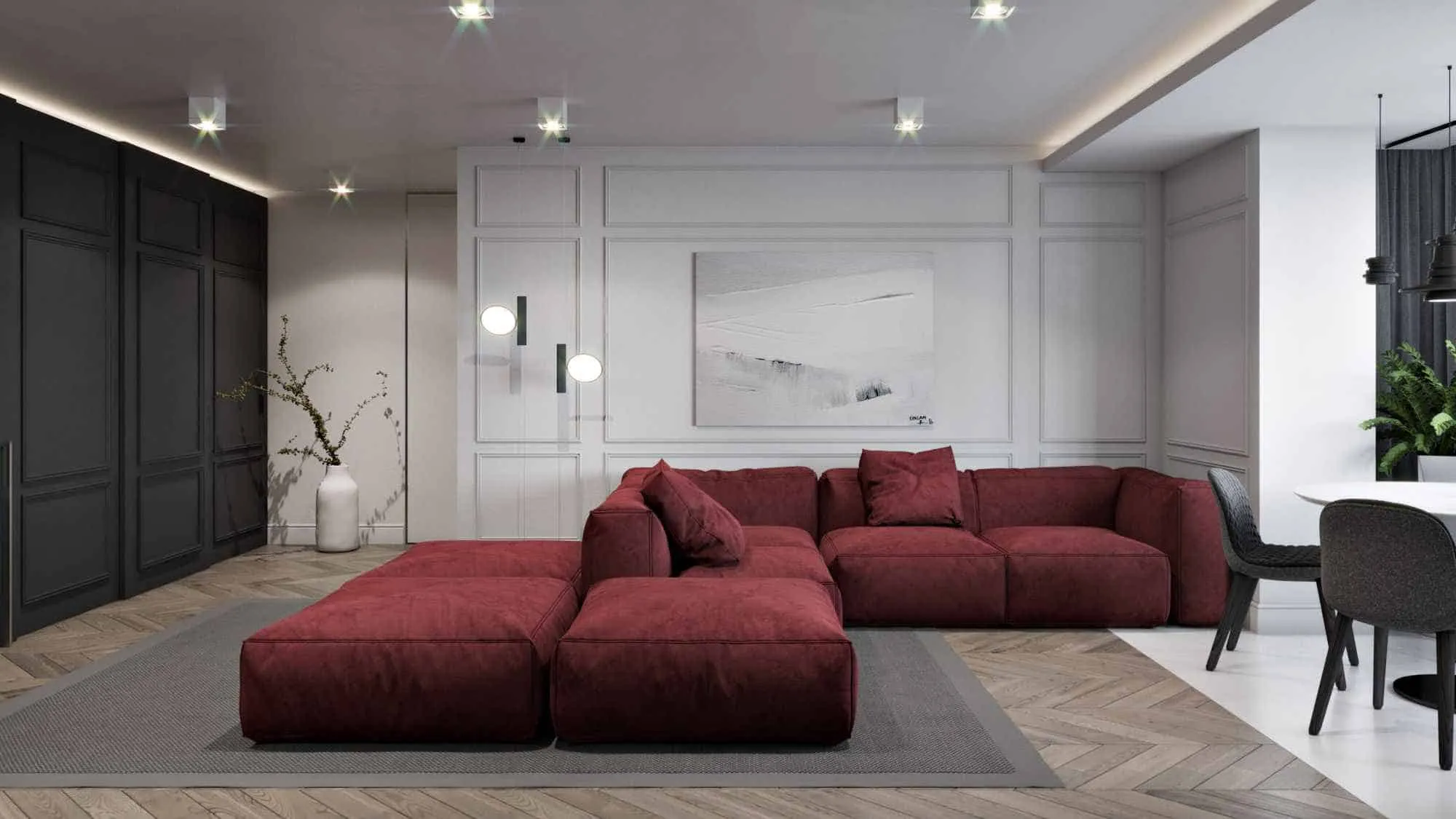 red sofa in a living room with white interiors and a rug