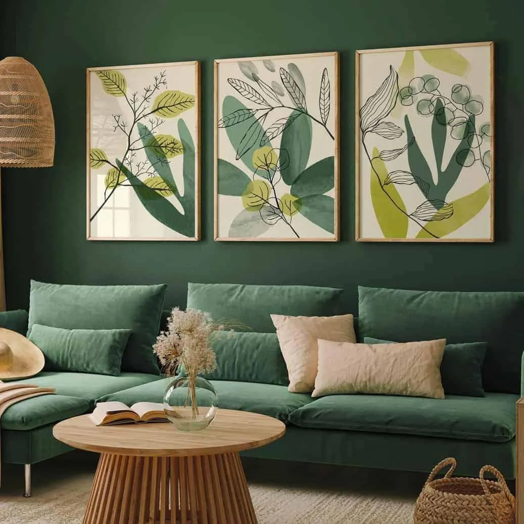 An elegant display of botanical prints on accent walls.