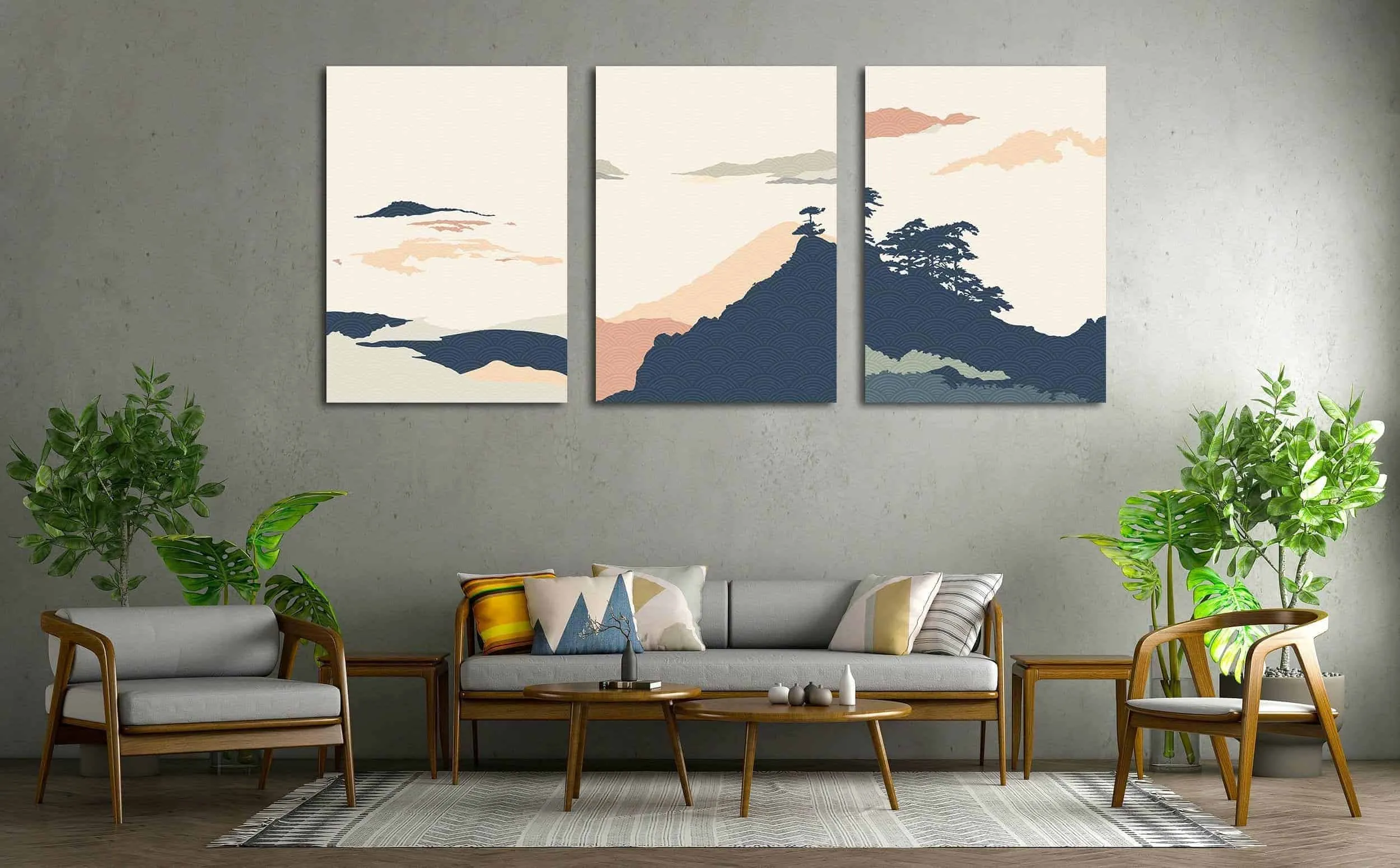 A sophisticated wall art painting, displayed in a living room.