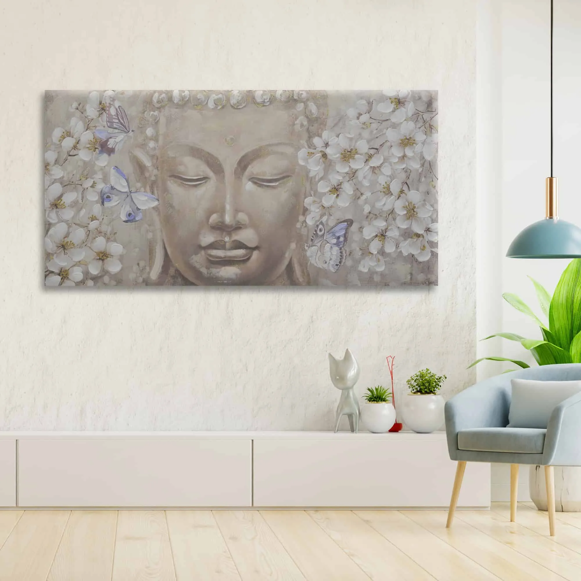 A nice painting of Buddha, displayed on a white wall.