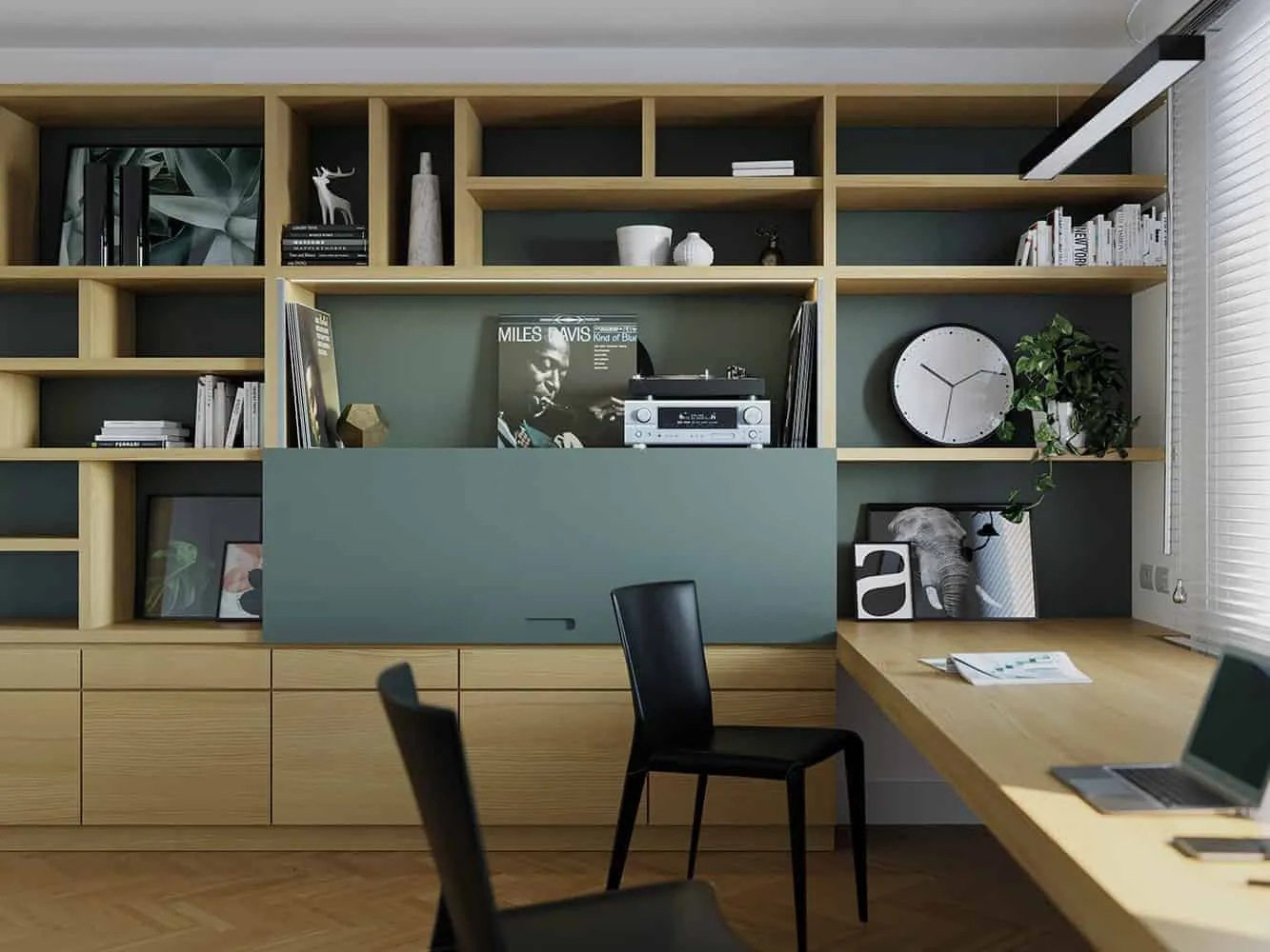 designer shelves and cabinets with black chairs and wooden desks