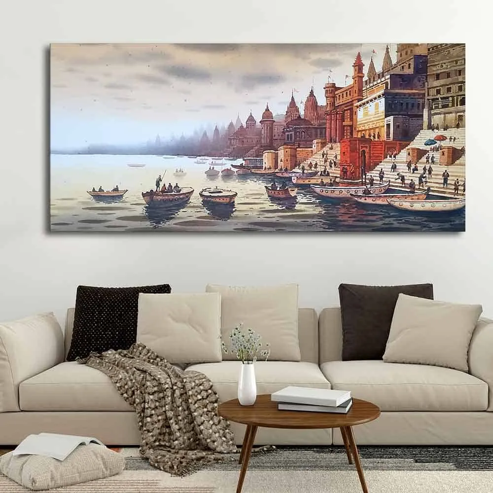 An exquisite painting of the Ganga ghats on a displayed on a living room wall.