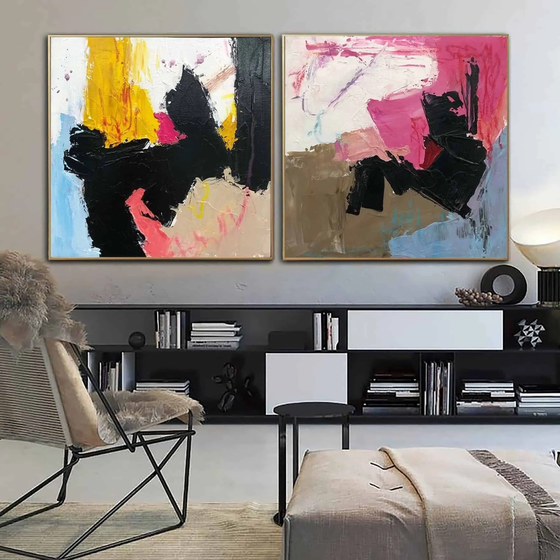 An graceful abstract artwork hanged in a living room.