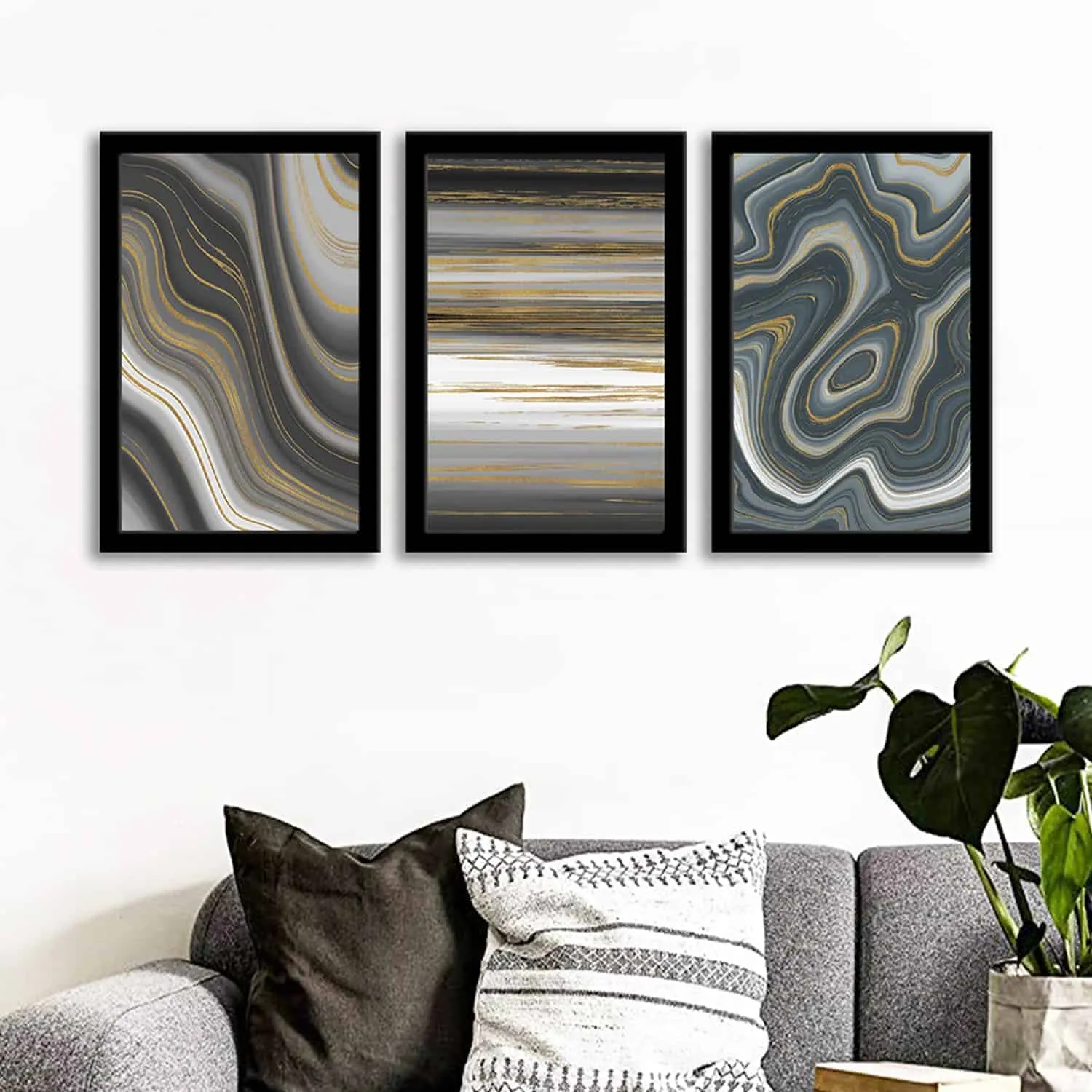 A monochromatic display of abstract wall painting on living room walls.