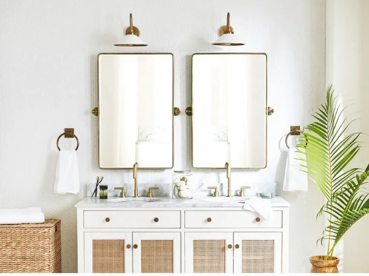white bathroom double dresser with rattan cabinet doors