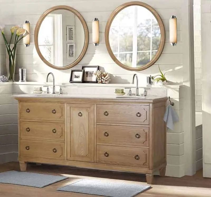 countrry style bathroom vanity with double mirrors