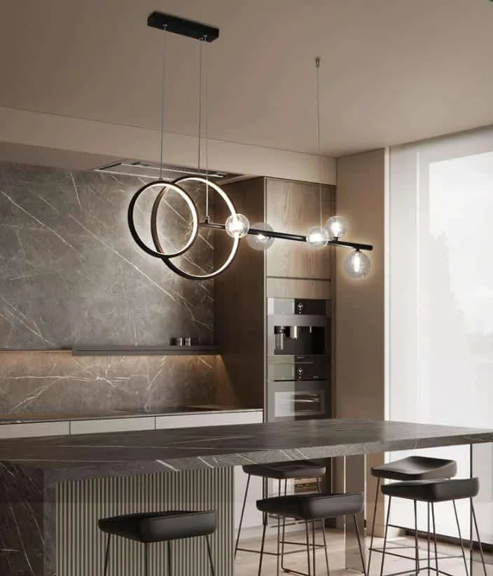 brown kitchen counters with chairs and hanging lights