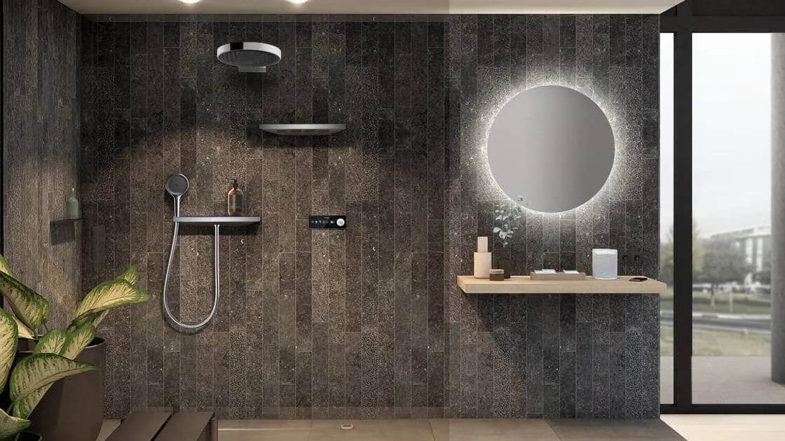 hansgrohe athroom fittings with a black surface finish - overhead shower, faucet, wall mixer