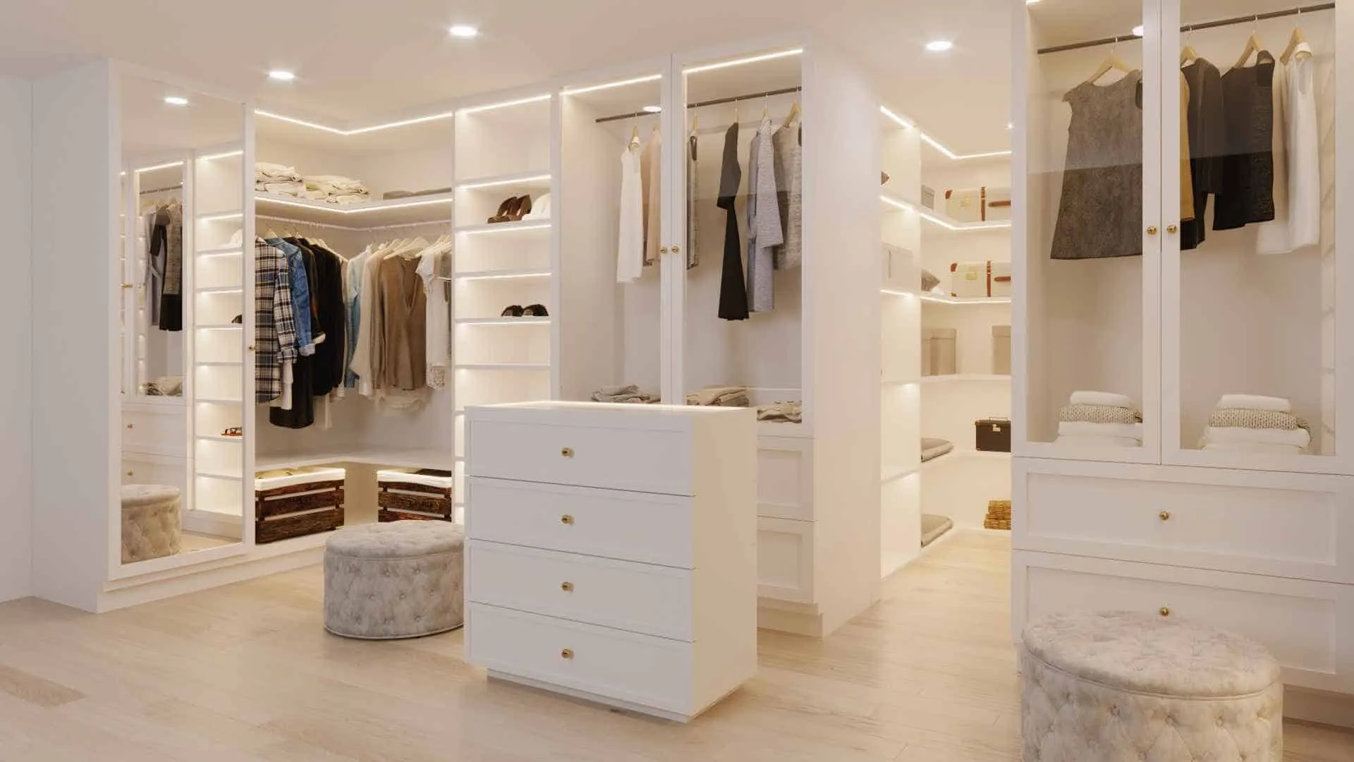 white walk in closet with lights