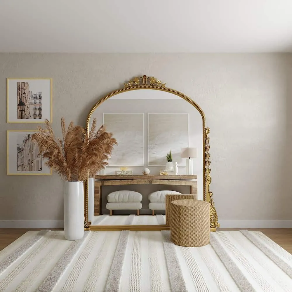 patterned rug with a mirror and pot