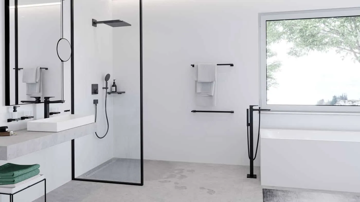minimalistic white bathroom with matte black premium accessories 