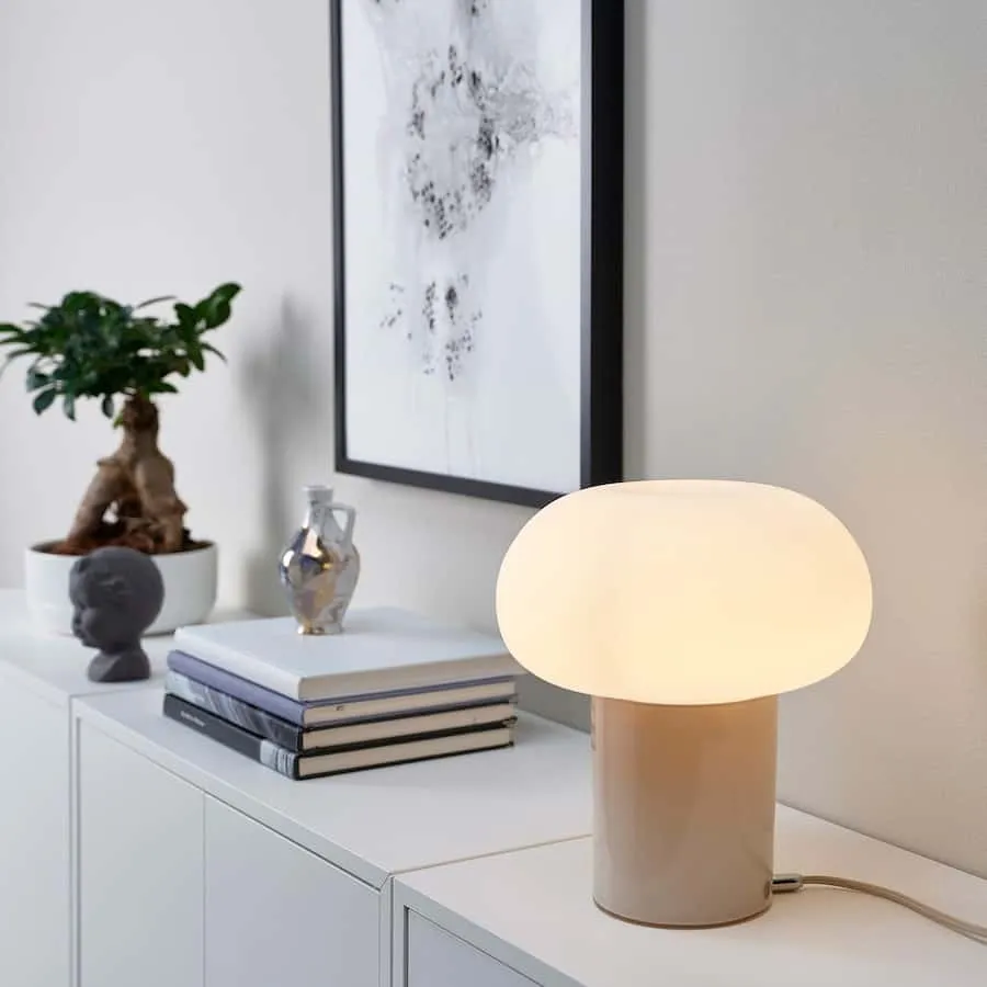 white table with books, plant and a lamp