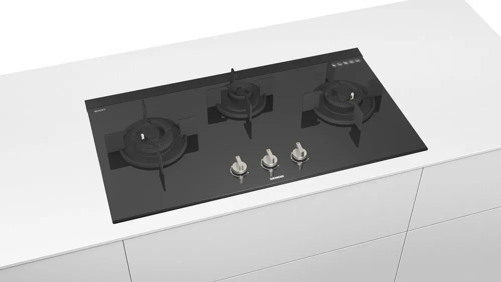 siemens built-in gas hob with 3 brass burners and black ceramic glass finish