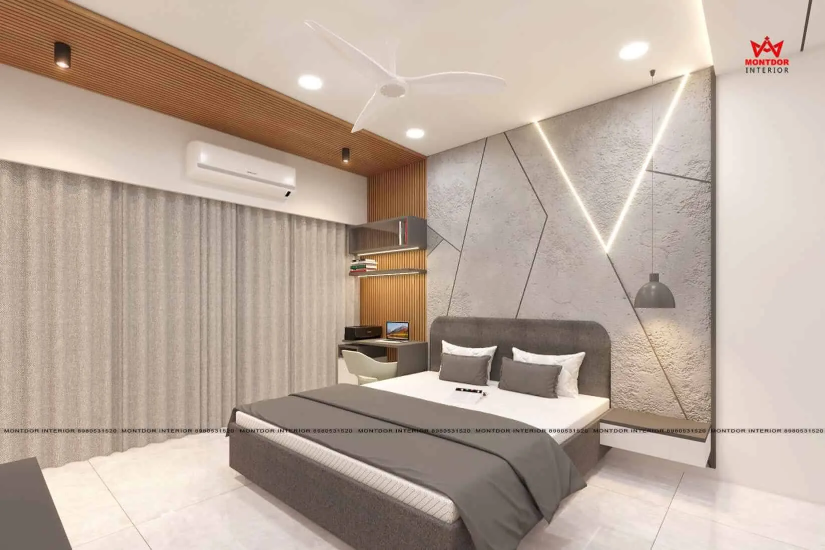 bedroom with white bed, grey wall, ceiling lights and ac unit
