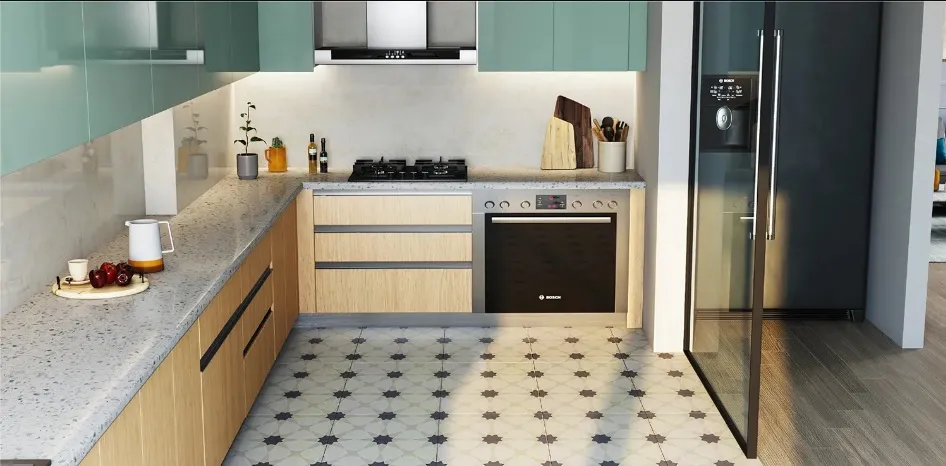 geometrical tiles flooring in black and white foor wood finished kitchen