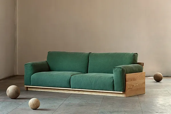 2-seater sofa cum bed, wooden body, living room, green coloured couch