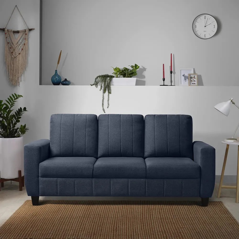 3-seater sleep couch placed in living room, blue furniture, wall hanging, indoor plants, carpet