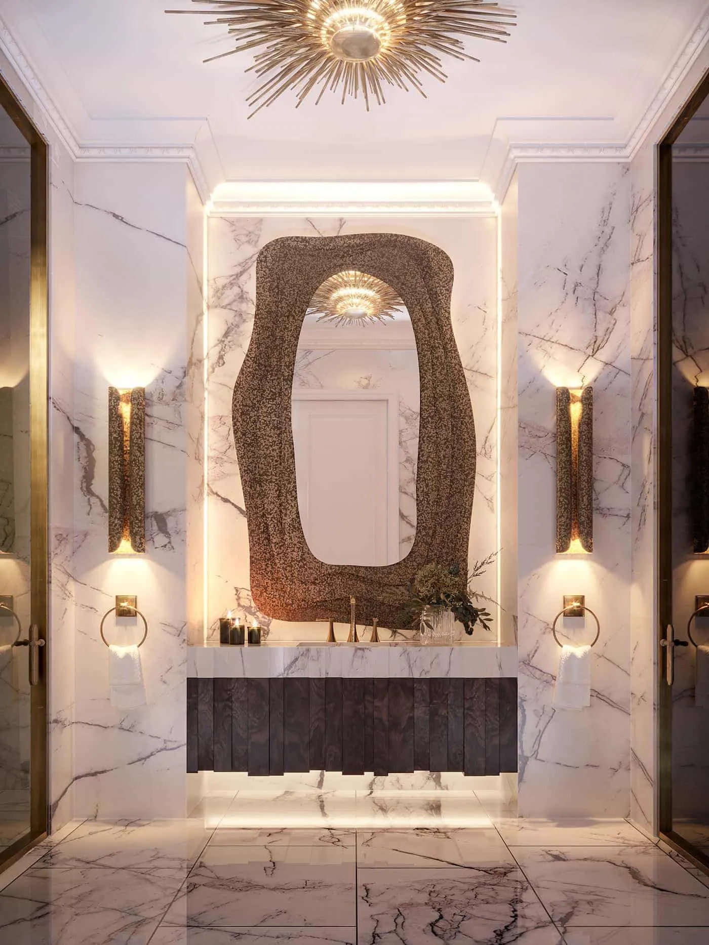wall sconces & lights installed on the sides of mirror in bathroom, white marble , lavish and beautiful bathroom