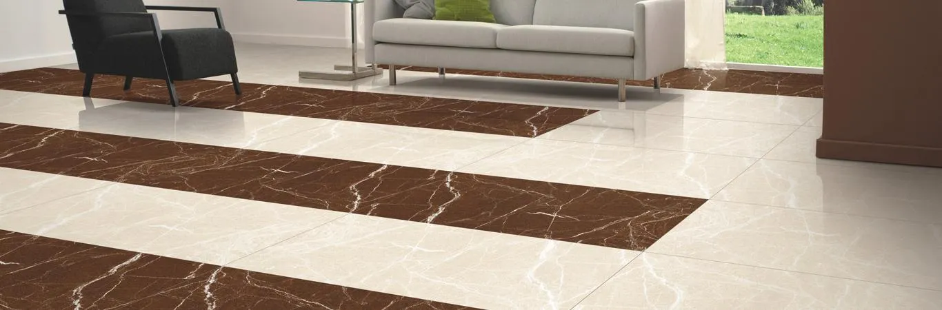 beige and brown floor tiles design from CERA catalogue at a reasonable price in a living room with a sofa in a showroom near me